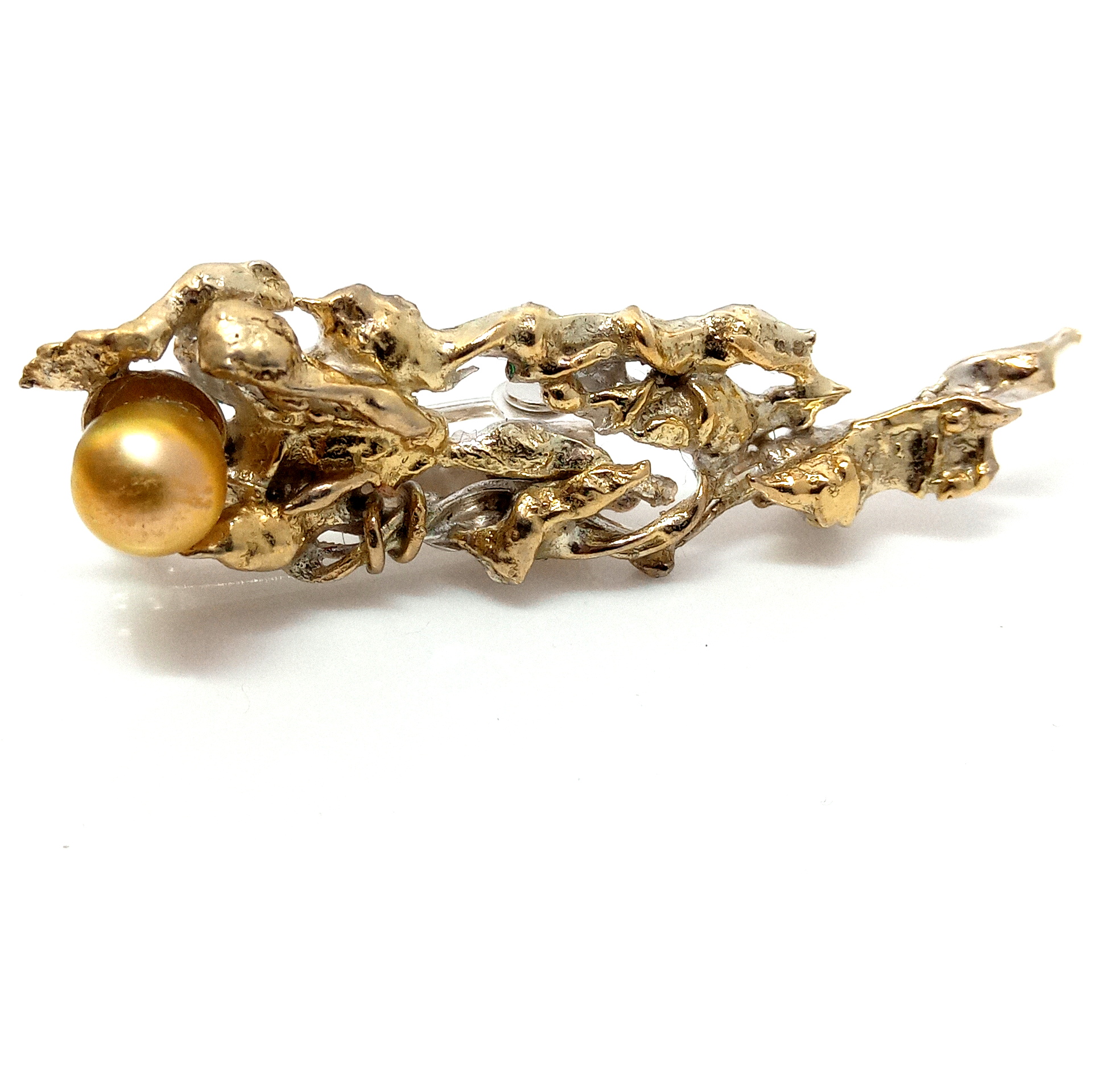 Gold South Sea Keishi Pearl on Freeform Brooch